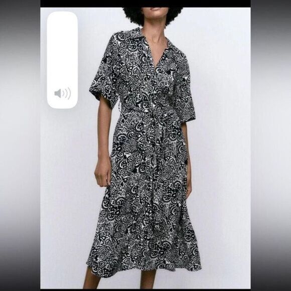 ZARA Long Fluid Loose-fit printed shirt Midi Dress With Belt‎ S - Picture 2 of 7